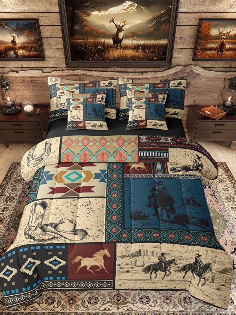 7 Pieces Western Cowboy Bedding Set King Size | Cowgirl Patchwork Southwestern C